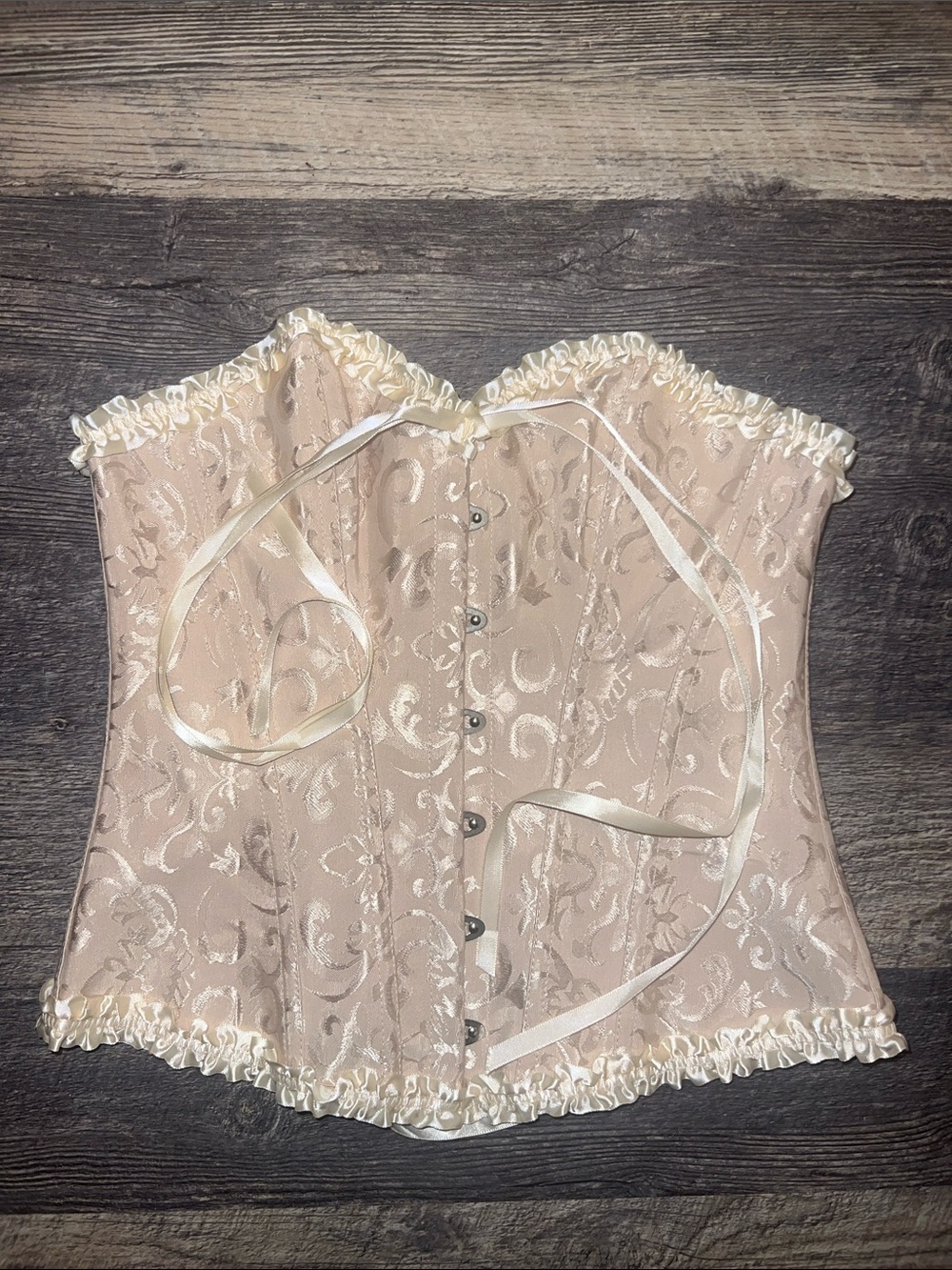 Cream Floral Brocade Corset Top Medium Lace Ribbon Coquette Victorian
